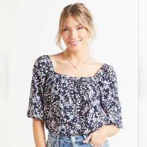 Sanctuary Evereve Spring Square Neck Floral Balloon Sleeve Top in Navy‎ Size XS